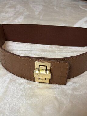 90s Cognac Croc Embossed Faux Leather Wide Elastic Belt Gold Turn Lock Size SM